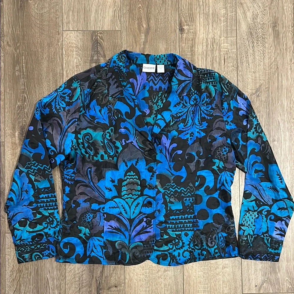 CHICO’S 100% Silk Blue and Black Patterned Lightweight Blazer Jacket - Picture 3 of 8